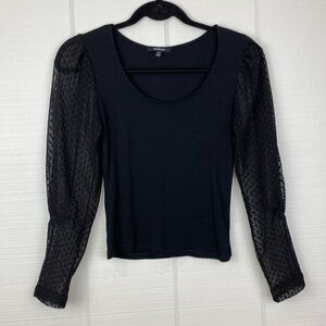 Ambiance Black Long Sleeve Top Mesh Polka Dot Puff Sleeves Size S